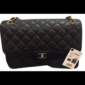 CHANEL BLACK CAVIAR LEATHER DOUBLE FLAP JUMBO CROSSBODY